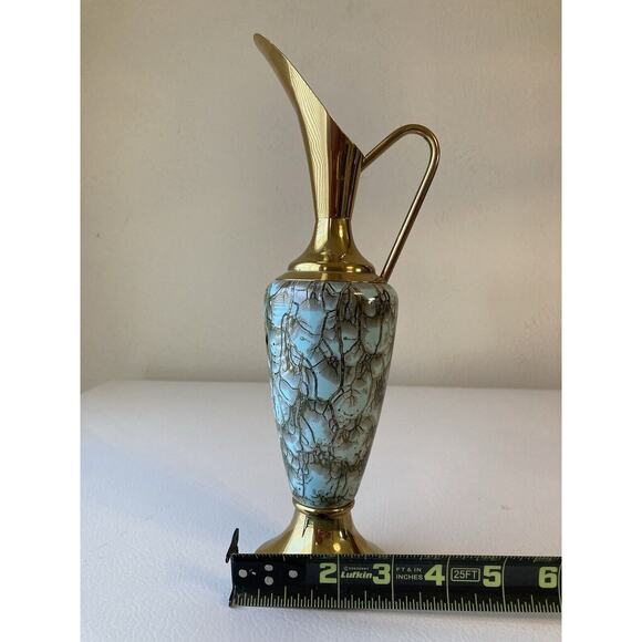 Vintage Delft Green Hand Painted Marble Style Pitcher with Brass - Picture 1 of 7